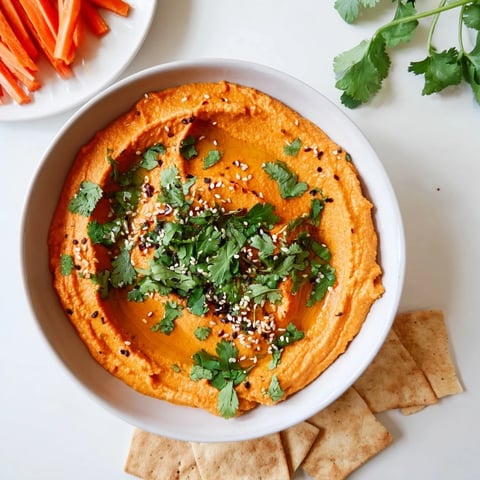 A vibrant bowl of Carrot Ginger Dip garnished with sesame seeds and fresh cilantro, surrounded by colorful veggie sticks for dipping.  