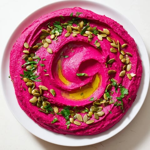 Creamy beet hummus with a vibrant pink hue, topped with olive oil, toasted pumpkin seeds, and fresh parsley served with pita.  