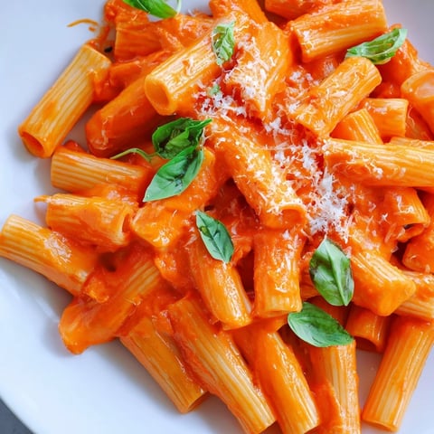 Creamy Roasted Red Pepper Pasta twirled on a fork, showing a vibrant orange sauce and fresh basil garnish. 