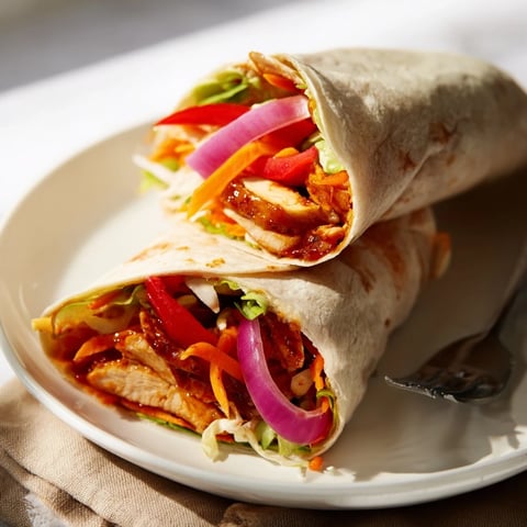 Glazed chicken strips in a honey sriracha sauce wrapped in a soft tortilla with crisp lettuce and red onion.