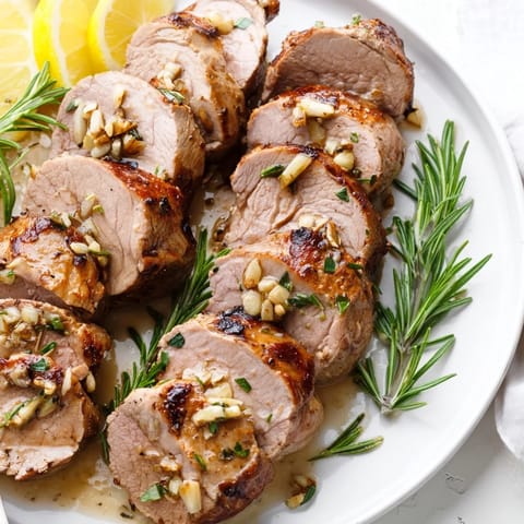 Aromatic roasted garlic and rosemary pork tenderloin, perfect for family dinners and gatherings.  