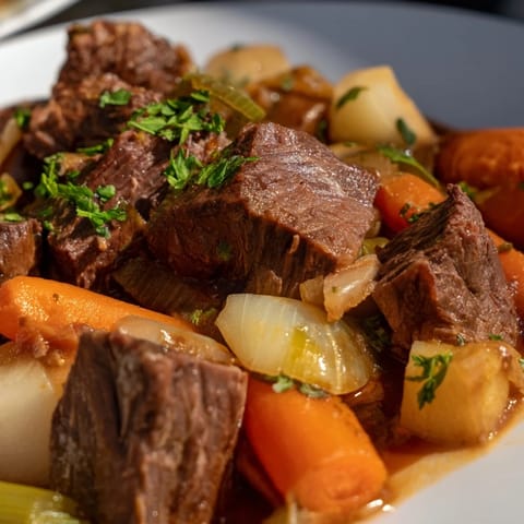 Comforting braised beef with colorful root vegetables, perfect for chilly evenings.  