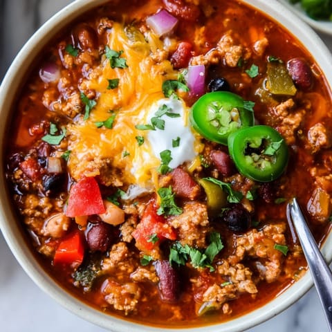 Delicious slow cooker turkey chili topped with cheese and fresh cilantro for flavor.  