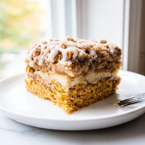 Golden-brown pumpkin spice coffee cake with a crunchy streusel topping, irresistible treat.  