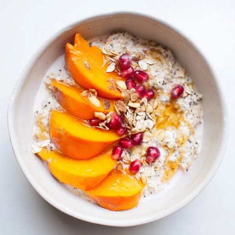 Enjoy a colorful bowl of Overnight Oats featuring persimmon, pomegranate, and chia seeds perfect for a filling morning.
