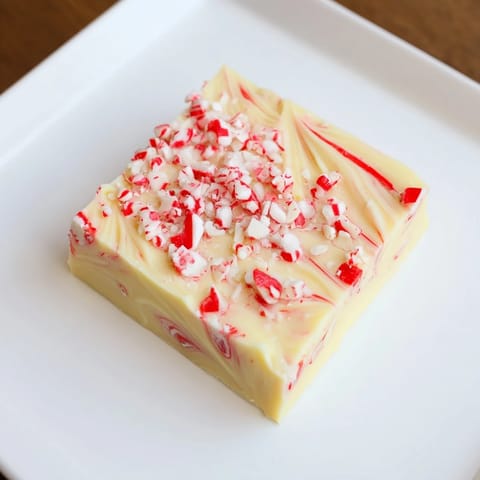 This decadent White Chocolate Peppermint Bark Fudge features a smooth, swirled texture and a festive red and white topping.