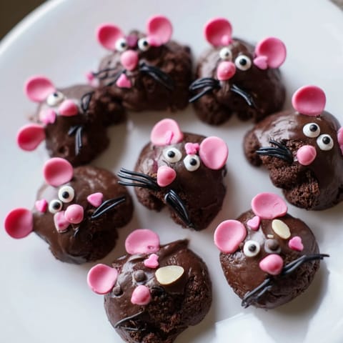 See cute, playful brownie bites designed as chocolate rats; a whimsical Silly Rat Cake variation.