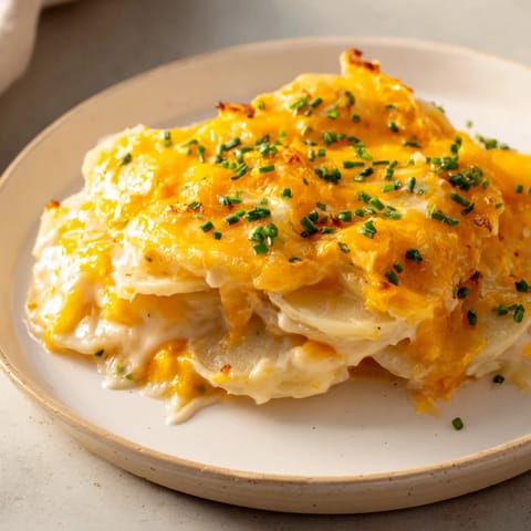 A close-up of creamy cheesy scalloped potatoes, bubbling and perfect for a family dinner.