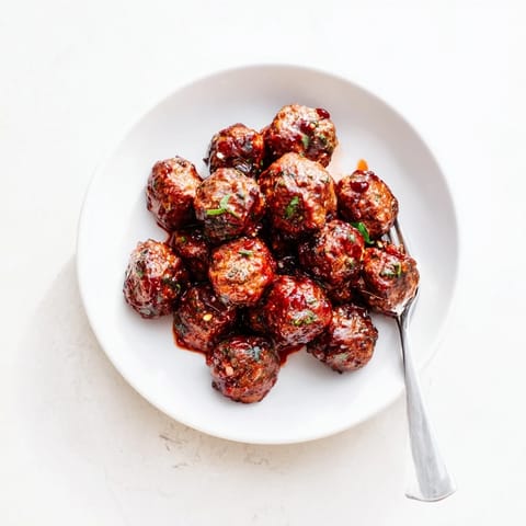 Savory ground beef cherry-glazed meatballs, freshly baked and ready to share at a potluck.