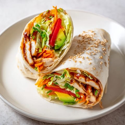 A close-up of a delicious teriyaki chicken wrap, showing juicy chicken and fresh fillings.