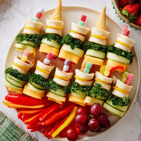 Fairy Tale Castle Platter: a vibrant appetizer with colorful veggies, fruit, and cheese castle towers.