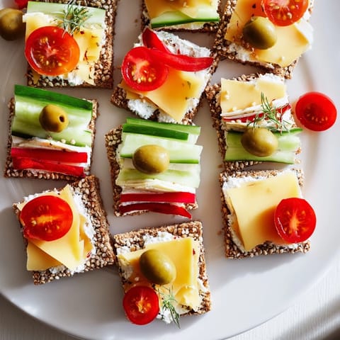 Stacked Urban Skyscraper Appetizers with cheddar, gouda, and fresh veggies create a beautiful party spread.