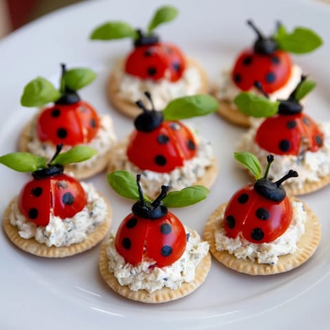 A platter of Garden Snacks: Ladybug Tomato & Olive Bites, perfect colorful vegetarian party food to enjoy.