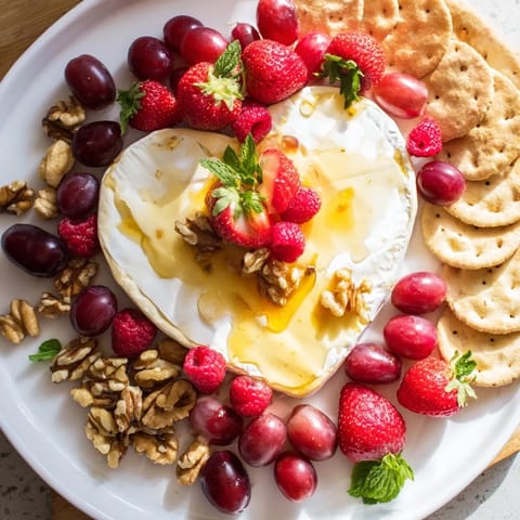 Valentine's Day Sweetheart Brie and Jam Board ready to serve with crackers, nuts, and chocolate pieces arranged.