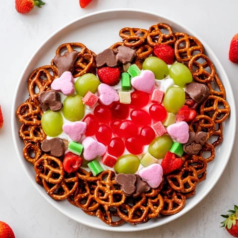 A festive Grinch's Heart Pretzel Board with pretzels, fruits and candy, perfect for holiday snacking.