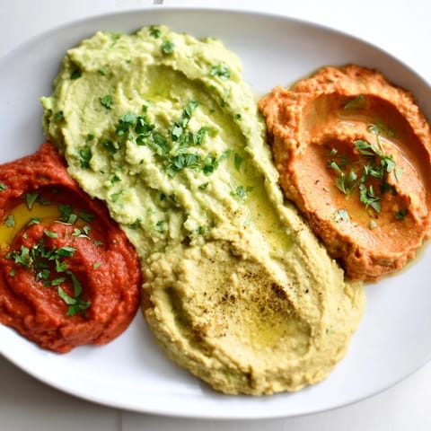 The Dip Trio platter shows a line-up of colorful dips, perfect for a party appetizer with various flavors.