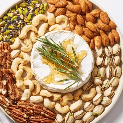 This beautiful "The Labyrinth" grazing platter presents a colorful pathway of nuts and seeds around soft cheese.