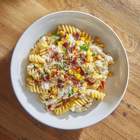 A single-pot of Mexican Street Corn Pasta, featuring tender pasta with colorful sweet corn and cotija cheese.