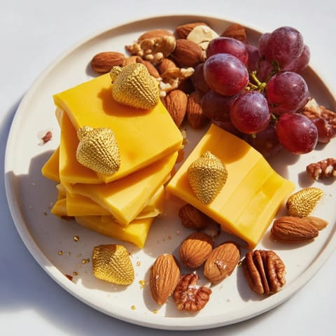 A beautifully arranged The Gilded Acorn platter featuring nuts, cheeses, fruits, and gold-sprinkled almonds.