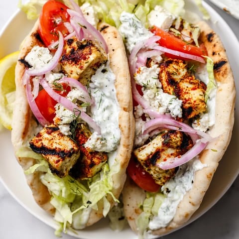Warm pita cradles juicy Greek chicken souvlaki with fresh toppings for a delightful wrap sandwich.