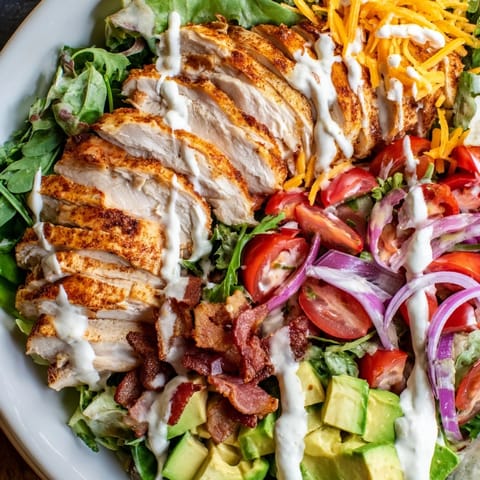 A beautiful bowl of Crispy Bacon Chicken Salad: a hearty main with vibrant tomatoes and avocado.