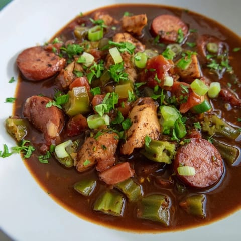 A close-up of hearty Gumbo Okra Soup, brimming with ingredients and ready to be served over rice.