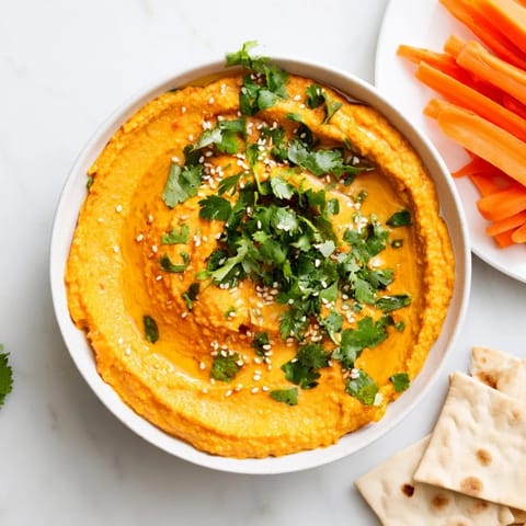The creamy Carrot Ginger Dip is served in a rustic dish alongside crunchy pita chips and fresh sliced vegetables.  