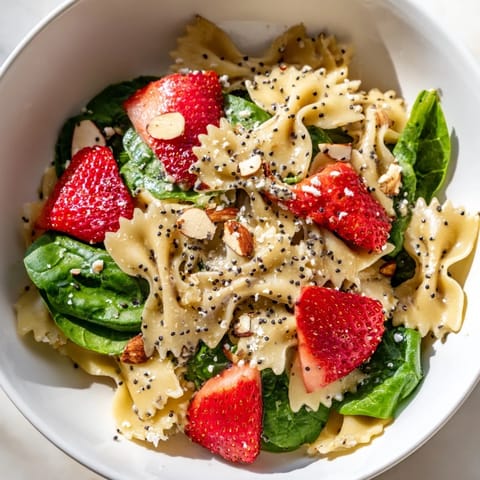 Spring Spinach Strawberry Pasta Salad garnished with toasted almonds and creamy feta, ready for a sunny picnic.
