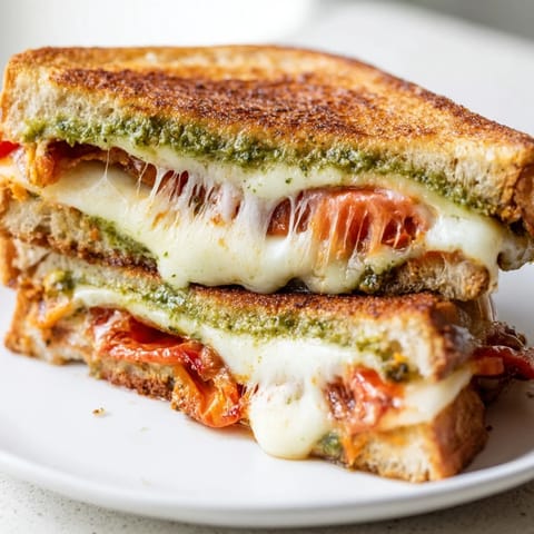 Savory Roasted Tomato Pesto Grilled Cheese with slow-roasted tomatoes and arugula, served with a fresh side salad.  