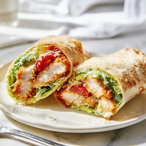 The crispy chicken strips are coated in sticky, spicy honey glaze, nestled inside a warm flour tortilla with romaine lettuce and Parmesan.