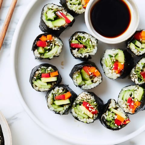 Eight bite-sized Nori Rolls with Vegetables are arranged on a wooden board with pickled ginger and wasabi for serving.