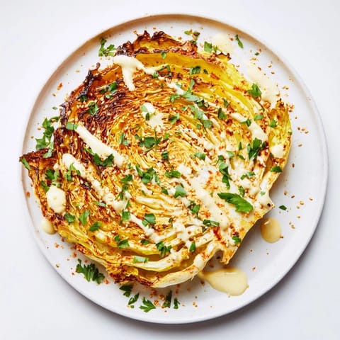 Roasted cabbage steaks with tahini, served warm as a vegan main or side dish for dinner.