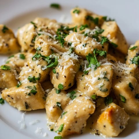 A skillet of creamy garlic chicken bites with a rich, velvety sauce and a sprinkle of red pepper flakes.