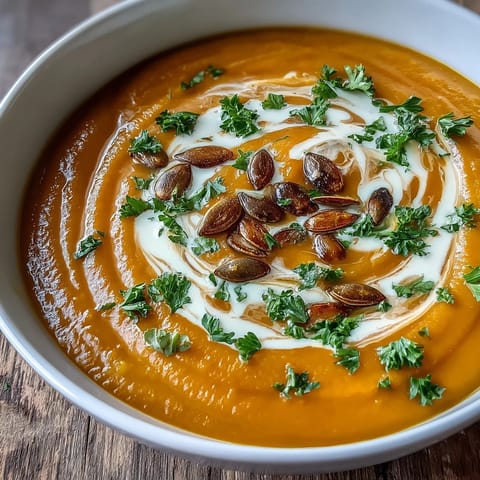 Warm pumpkin soup topped with toasted seeds and fresh chives served with crusty bread.