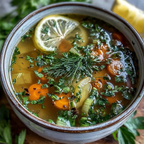 A steaming pot of Lemon Herb Soup with visible dill and chives, served alongside crusty artisan bread for dipping.