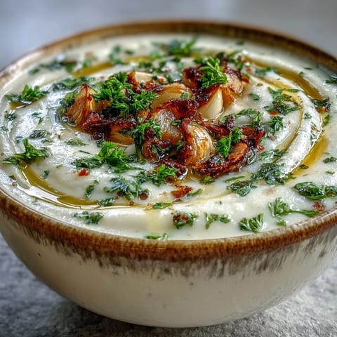 Steaming Roasted Garlic and Herb Soup in a rustic bowl, featuring a velvety texture and aromatic herbs like thyme and parsley.