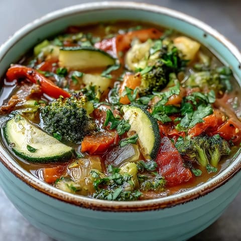 Freshly grated ginger and colorful vegetables simmer in a clear broth, garnished with cilantro.