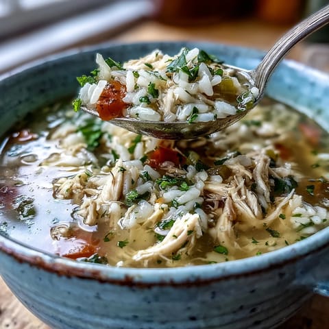 Fragrant Cozy Winter Chicken and Rice Soup simmers in a pot with tender chicken and fluffy rice.