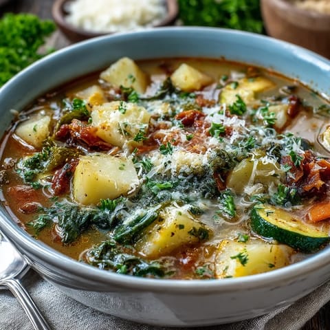 Hearty Parmesan Veggie Soup served steaming hot in a rustic bowl topped with extra grated cheese.