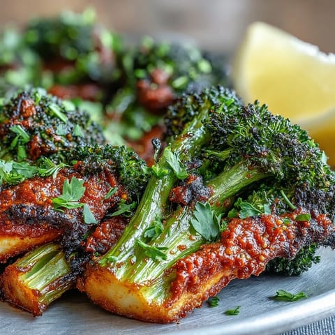 Harissa broccoli piled onto golden flatbreads with a squeeze of lemon, served hot for dinner.