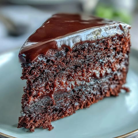 Overhead view of the whole Easy Chocolate Fudge Cake, dusted with powdered sugar and ready for a celebration.