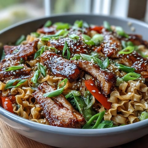 A close-up of Pork Noodle Stir-Fry with glistening noodles and colorful red bell peppers and carrots.