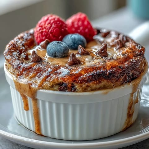 A spoon lifts fluffy protein pancake bowl batter with chocolate chips, fresh from the oven.