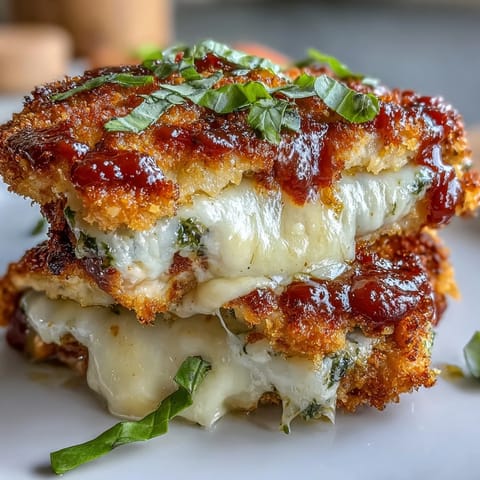 Fresh basil garnish complements this cheesy, saucy Pesto Chicken Parmesan baked to bubbly perfection.