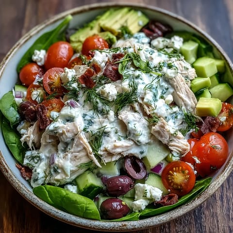 Spoon serving of Tzatziki Chicken Salad over fresh spinach leaves, topped with crumbled feta and sliced Kalamata olives on a white plate.