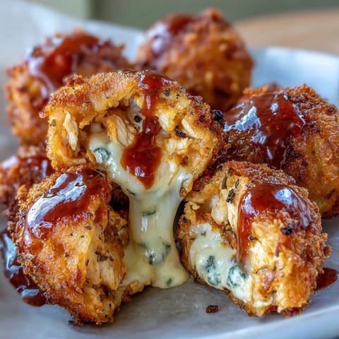 Six crispy Buffalo Chicken Bacon Mozzarella Bombs resting on parchment, showing melted mozzarella and smoky bacon filling inside.