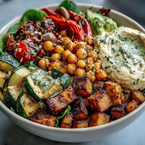 A close-up shows creamy hummus, vibrant veggies, and tangy Kalamata olives in a nourishing Vegan Mediterranean Buddha Bowl ready to serve.