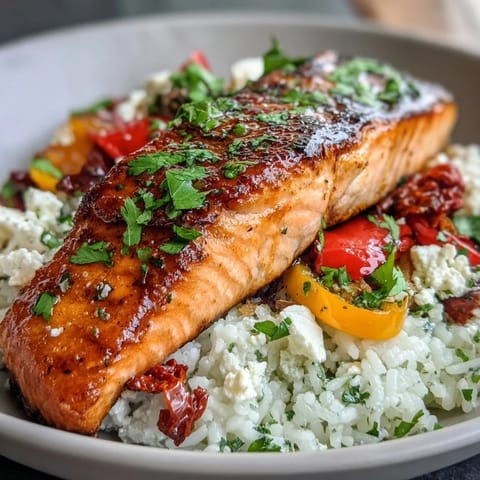 Golden, crispy salmon skin rests atop fluffy rice, topped with vibrant baby bell peppers and sun-dried tomatoes in a Mediterranean Salmon Bowl.