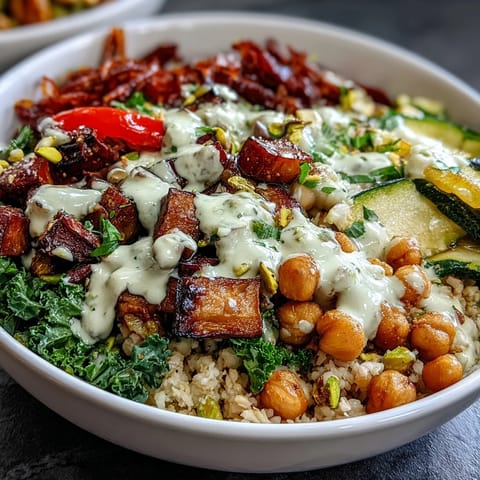 Savory Mediterranean Buddha Bowl Meal Prep features creamy tahini dressing drizzled over steamed kale, chickpeas, and tender roasted vegetables for healthy eating.