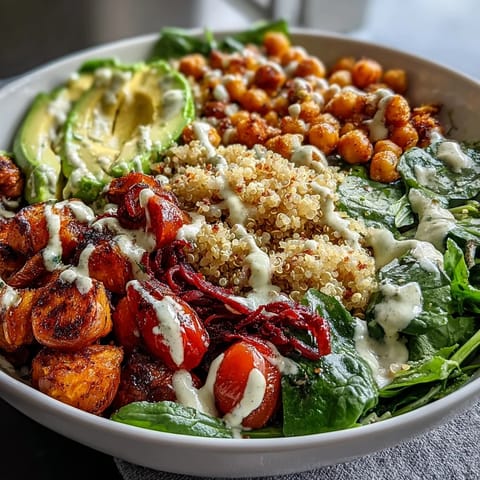 A close-up of a vibrant Buddha Bowl with Quinoa, Roasted Sweet Potatoes, Crispy Chickpeas, Fresh Veggies & Garlic Tahini Dressing on a rustic table.